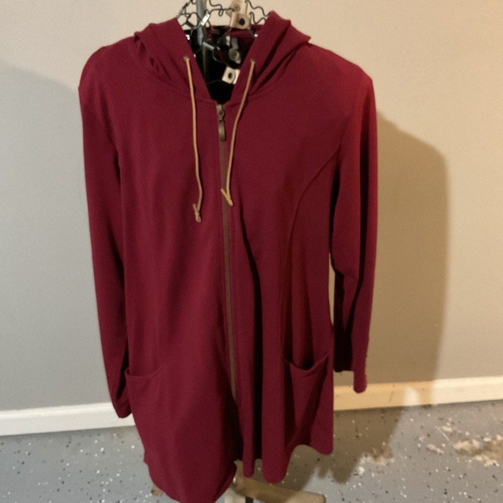 Burgundy Longline Zip Up Hoodie Lace Up Back Detail Women's Hooded Jacket XL